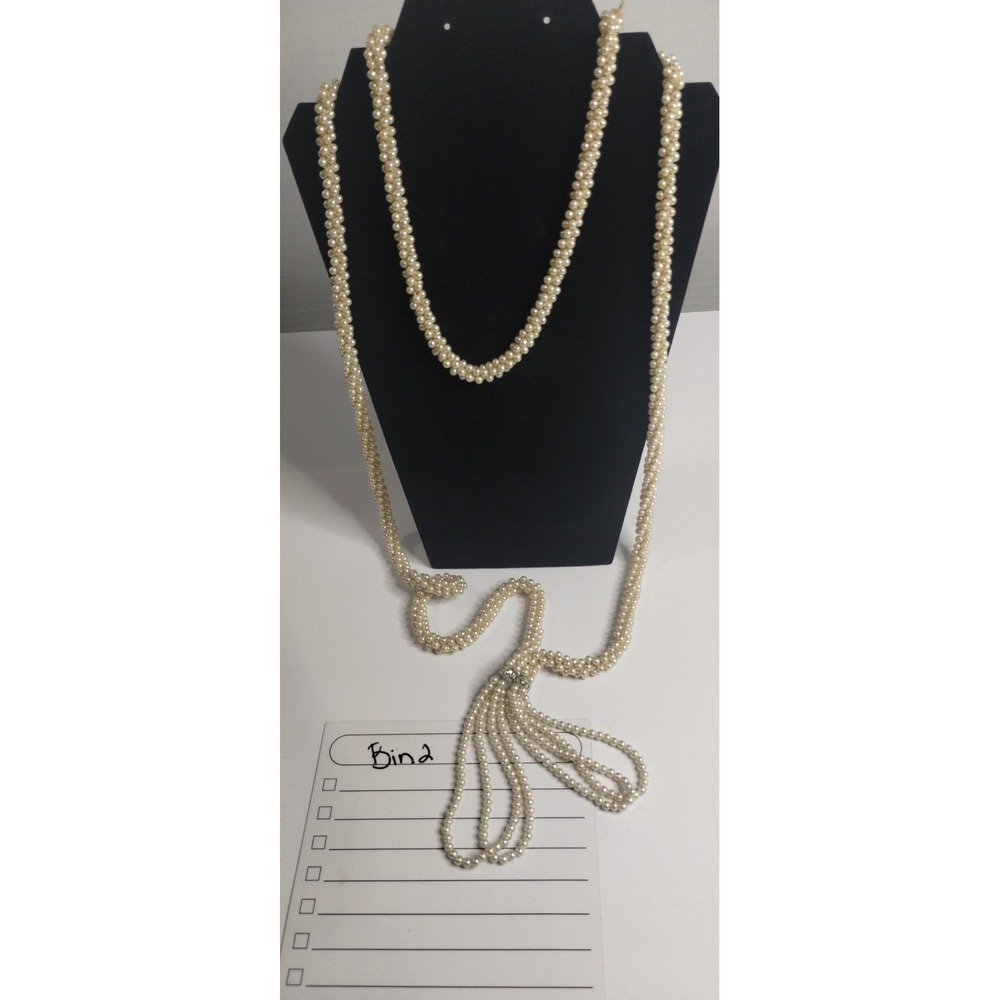 Vintage Style Faux‎ Pearl Lariat Tassel Necklace Cream Multi Strand 58" Flapper